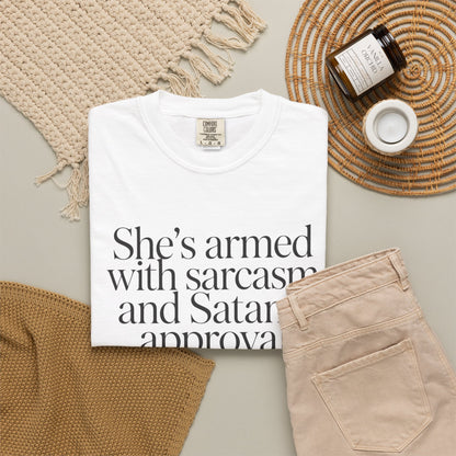 Sarcastic Satan's Approval Tee — "She's Armed with Sarcasm and Satan's Approval" T-Shirt
