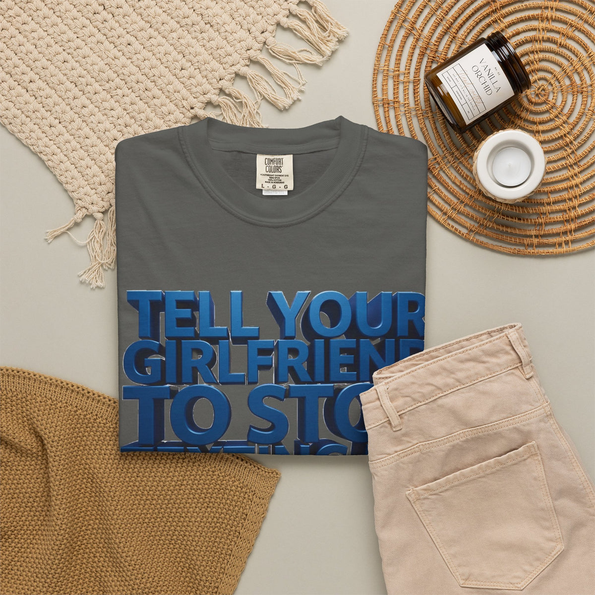 Graphic T-Shirt — “Tell Your Girlfriend to Stop Texting Me” Blue 3D Text Tee