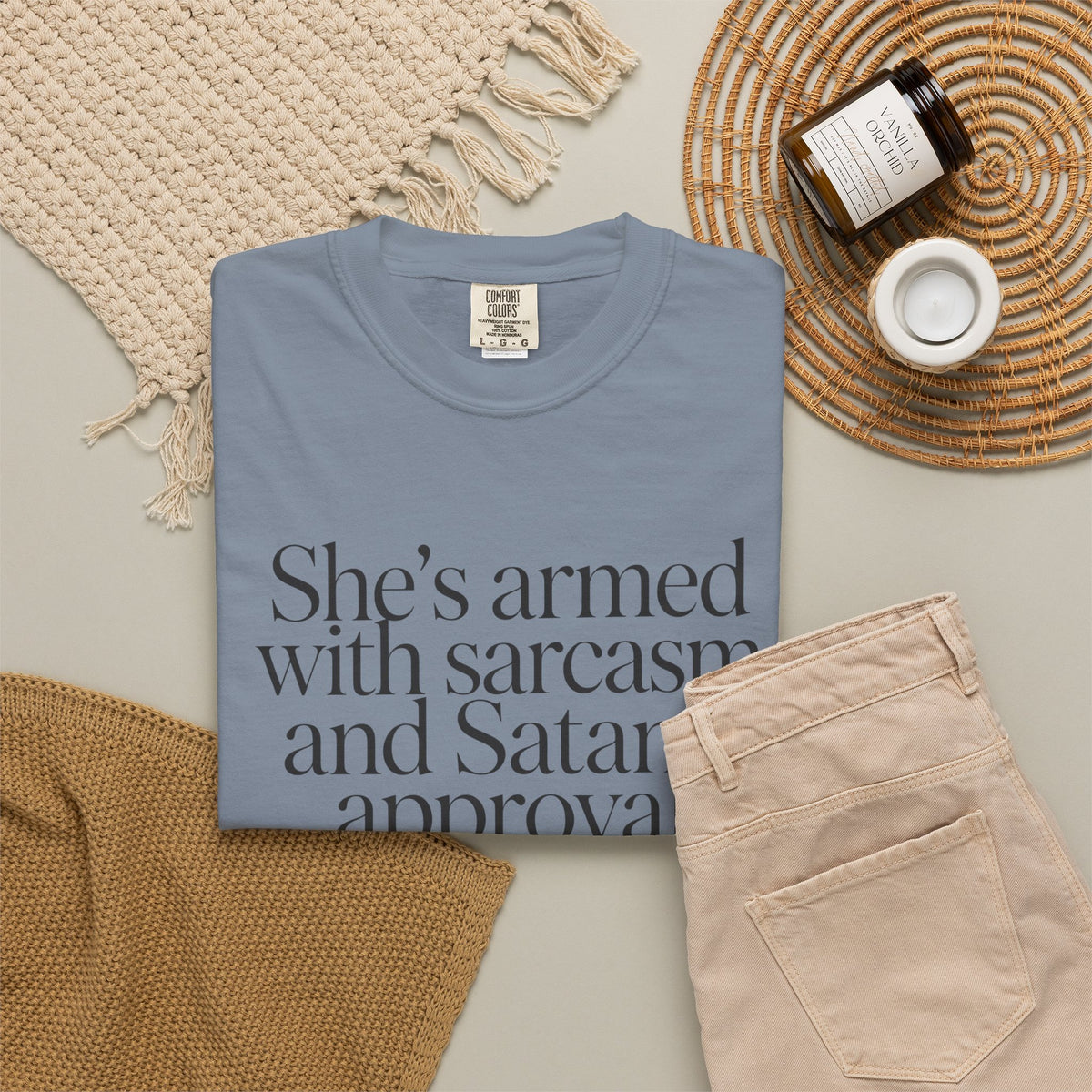 Sarcastic Satan's Approval Tee — "She's Armed with Sarcasm and Satan's Approval" T-Shirt