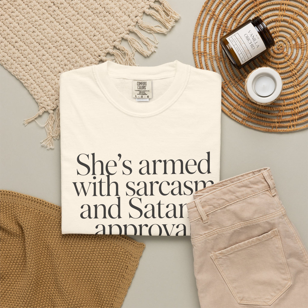 Sarcastic Satan's Approval Tee — "She's Armed with Sarcasm and Satan's Approval" T-Shirt