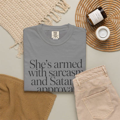 Sarcastic Satan's Approval Tee — "She's Armed with Sarcasm and Satan's Approval" T-Shirt