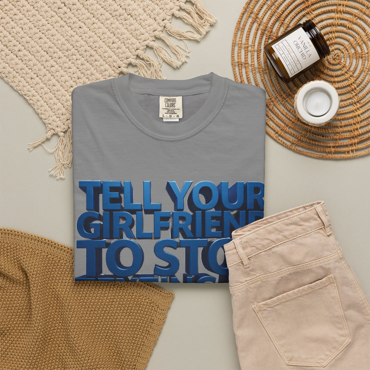 Graphic T-Shirt — “Tell Your Girlfriend to Stop Texting Me” Blue 3D Text Tee