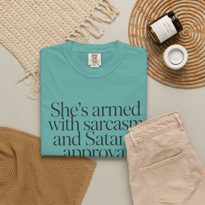 Sarcastic Satan's Approval Tee — "She's Armed with Sarcasm and Satan's Approval" T-Shirt