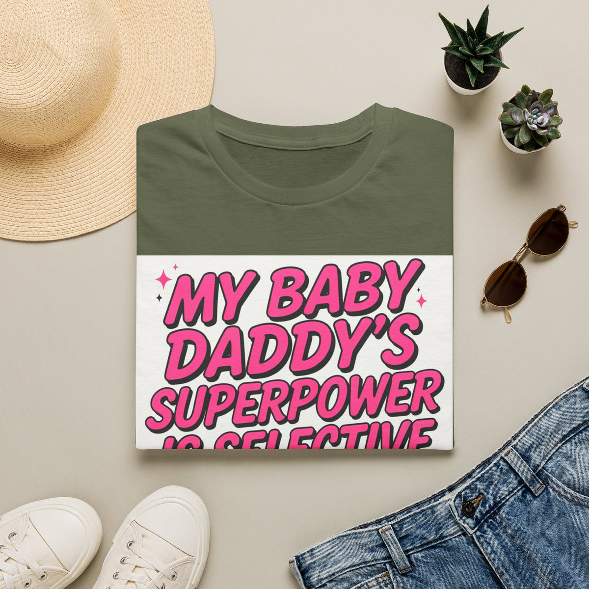 T-Shirt — "My Baby Daddy's Superpower Is Selective Hearing" Pink Statement Tee