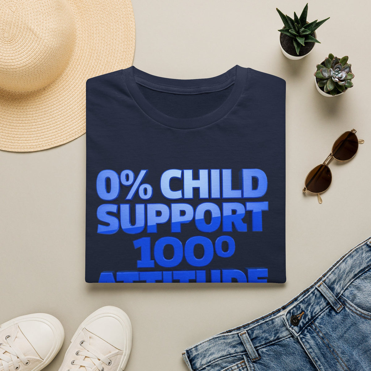 Graphic T-Shirt — "0% Child Support 1000% Attitude" Bold Blue Tee