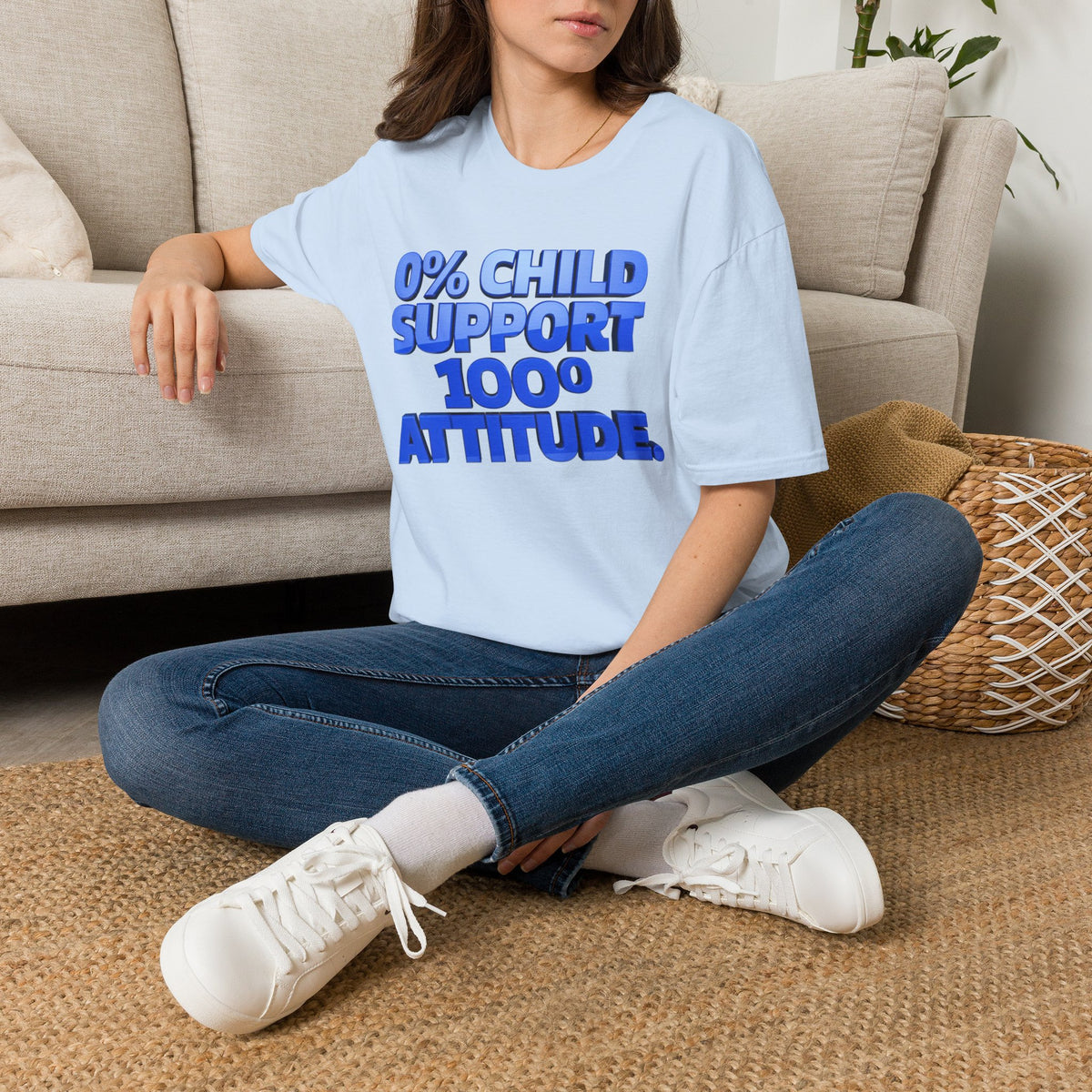 Graphic T-Shirt — "0% Child Support 1000% Attitude" Bold Blue Tee