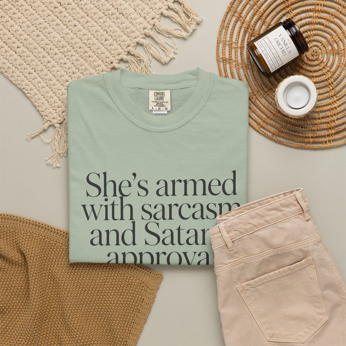 Sarcastic Satan's Approval Tee — "She's Armed with Sarcasm and Satan's Approval" T-Shirt