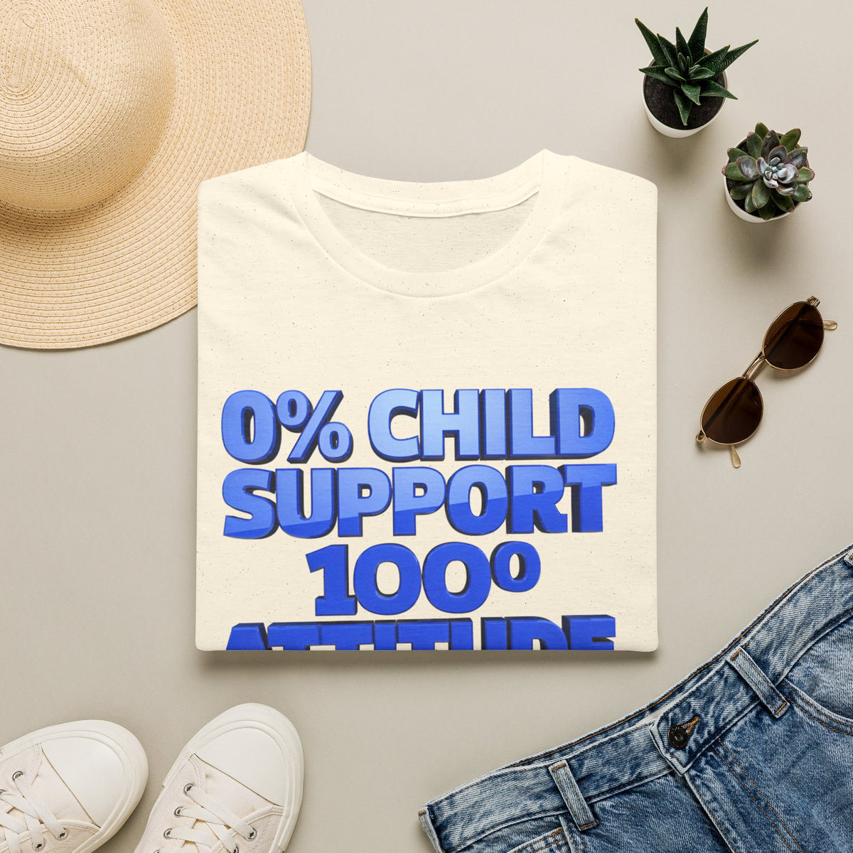 Graphic T-Shirt — "0% Child Support 1000% Attitude" Bold Blue Tee