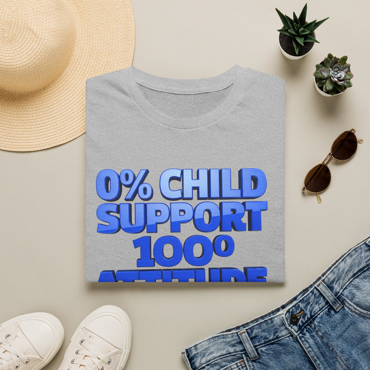 Graphic T-Shirt — "0% Child Support 1000% Attitude" Bold Blue Tee