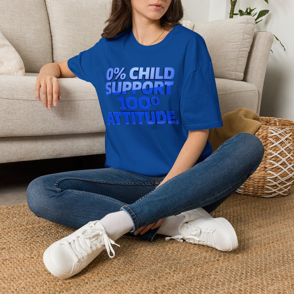 Graphic T-Shirt — "0% Child Support 1000% Attitude" Bold Blue Tee