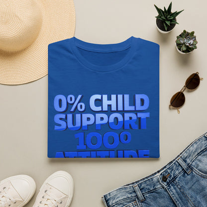 Graphic T-Shirt — "0% Child Support 1000% Attitude" Bold Blue Tee